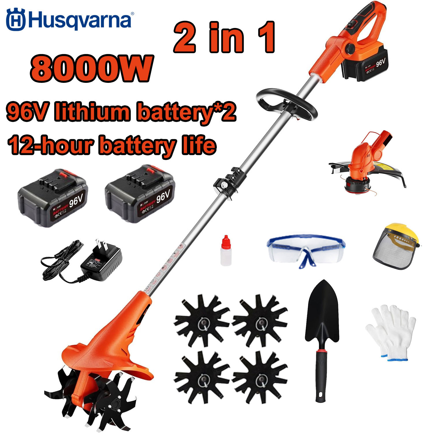 2 w 1 8000 W  Elektryczna kultywator + 1 Głowica tnąca + 2 Akumulatory 96 V + Szybkie ładowanie + Ostrze kultywacyjne + Pełny zestaw akcesoriów 