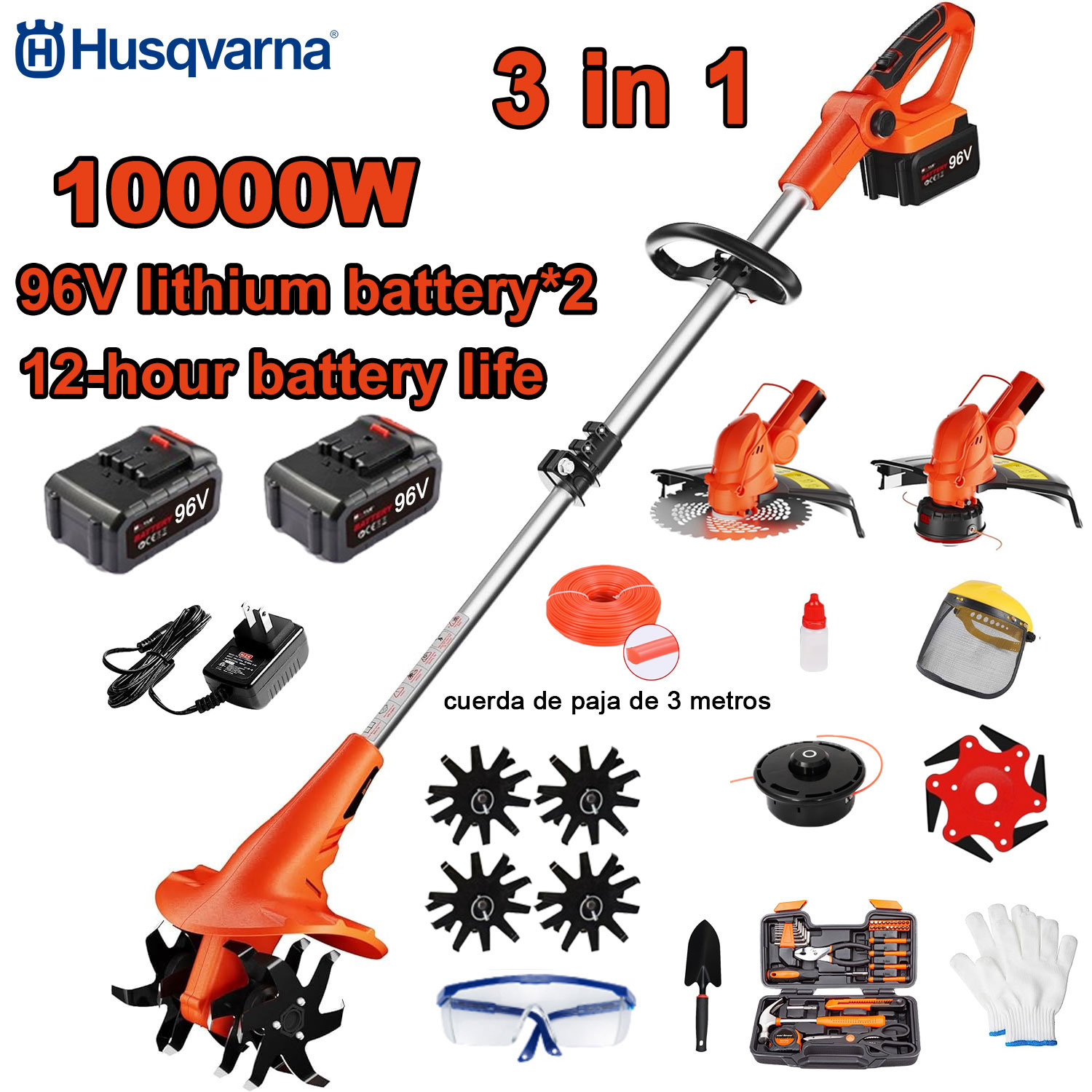 10000 W mоспа kultywator 3 w 1 (koszenie, uprawa, przycinanie trawy) + akumulator 96 V * 2 + szybkie ładowanie + nóż kultywatora + głowica tnąca + 3 m lina tnaca 3+ kosiarka do trawy * 6, + pełny zestaw akcesoriów 