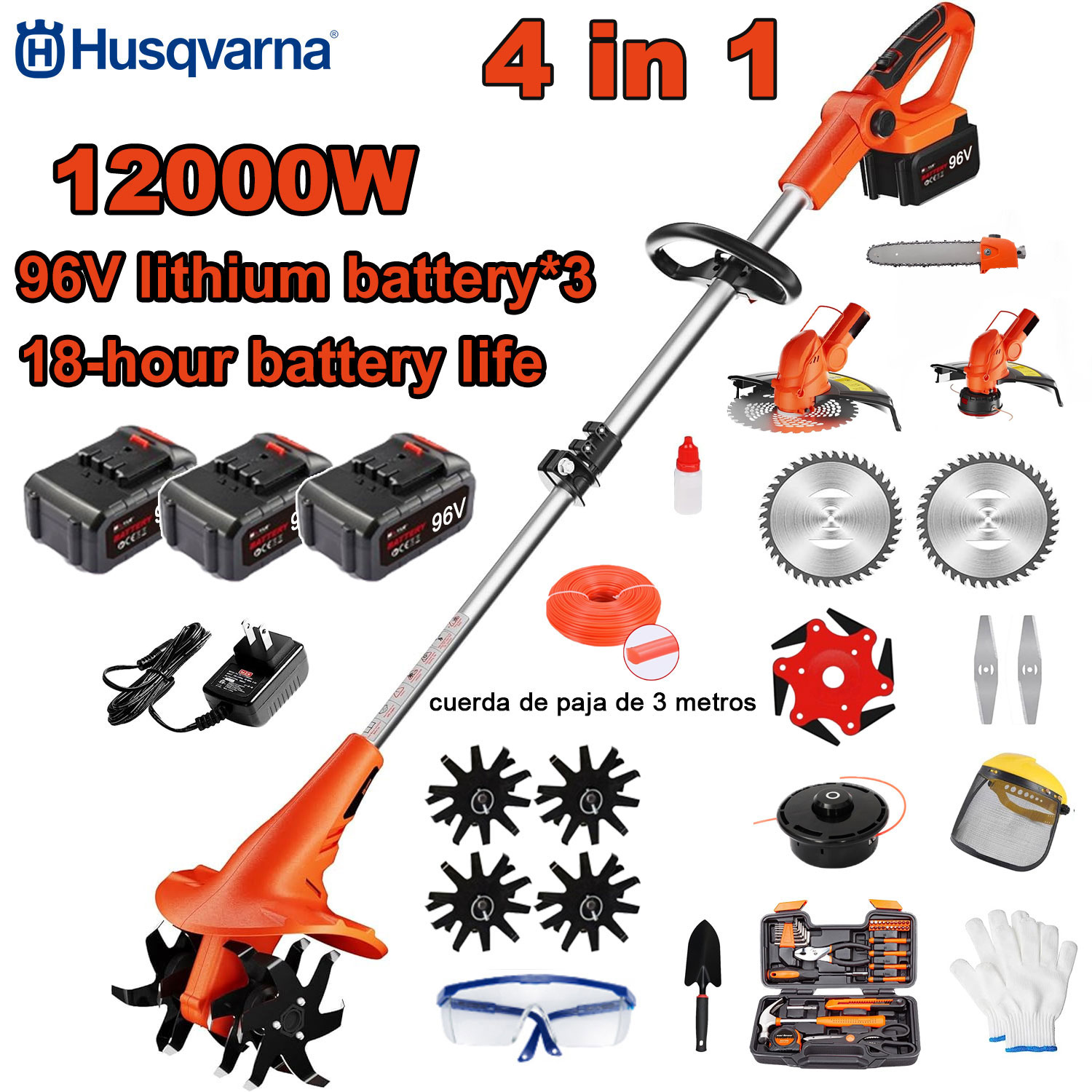 12000 W 4-w-1 kultywator elektryczny (koszenie, przycinanie drzew, uprawa roli itp.) Akumulator 96 V*3 + szybka ładowarka + kultywator + głowica tnąca + 3-metrowa lina tnaca*3+ ostrze do piły ze stopu + ostrze*6+ proste ostrze + pełny zestaw akcesoriów 