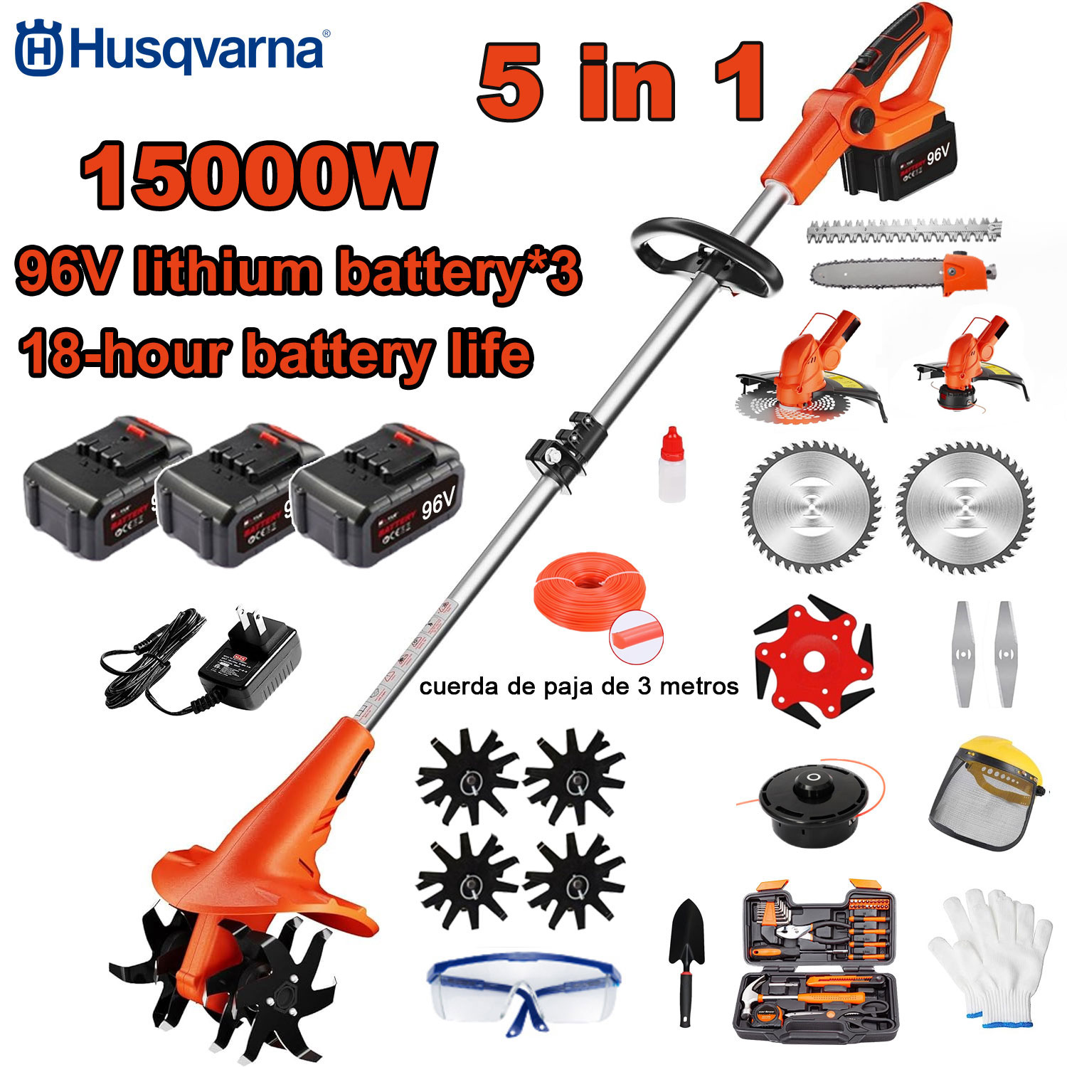 15000 W 5-w-1  kultywator elektryczny (koszenie, przycinanie drzew, uprawa roli itp.) Akumulator 96 V*3 + szybka ładowarka + kultywator + głowica tnąca + 3-metrowa lina tnąca*3 + ostrze do piły ze stopu + ostrze*6+ proste ostrze + pełny zestaw akcesoriów 